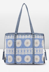 PRIMROSE Stylish Tote Bag with Geometric Pattern Blue and Beige
